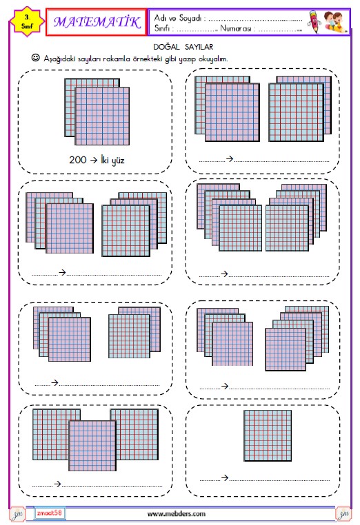 3. Sınıf Matematik Doğal Sayıları Okuma ve Yazma Etkinliği 1