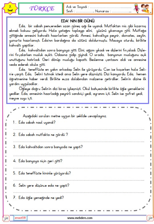 2. Sınıf Türkçe Okuma ve Anlama Metni Etkinliği (Eda'nın Bir Günü)