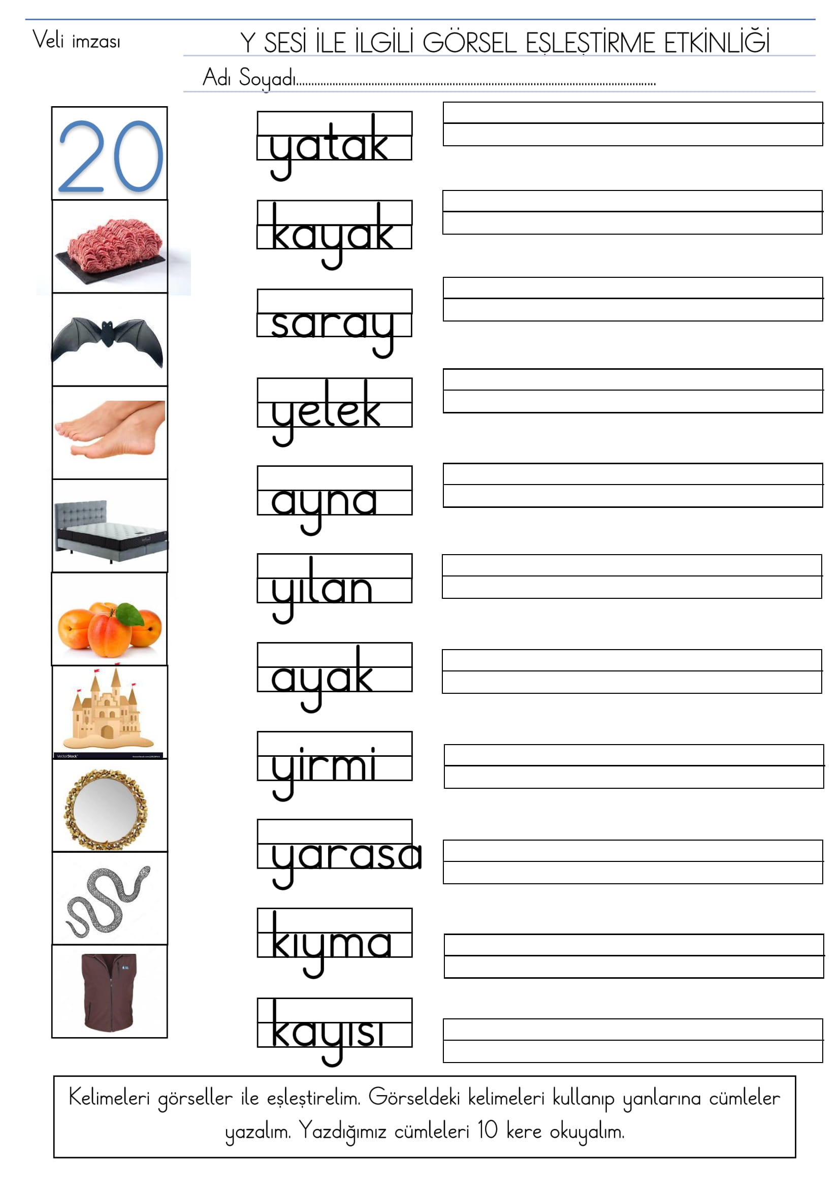 1.Sınıf İlk Okuma Yazma Y sesi Görsel Eşleştirme Etkinliği