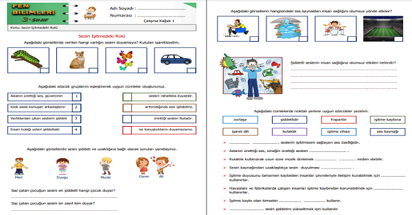 3.Sınıf Fen Bilimler Çevremizdeki Işık ve Sesler (Sesin İşitmedeki Rolü) Etkinliği 1