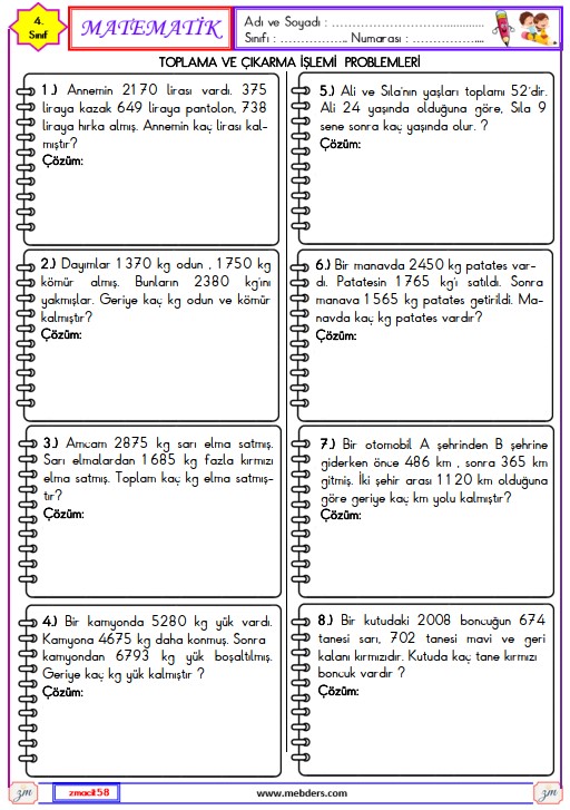 4. Sınıf Matematik Toplama ve Çıkarma İşlemi Problemleri Etkinliği 2
