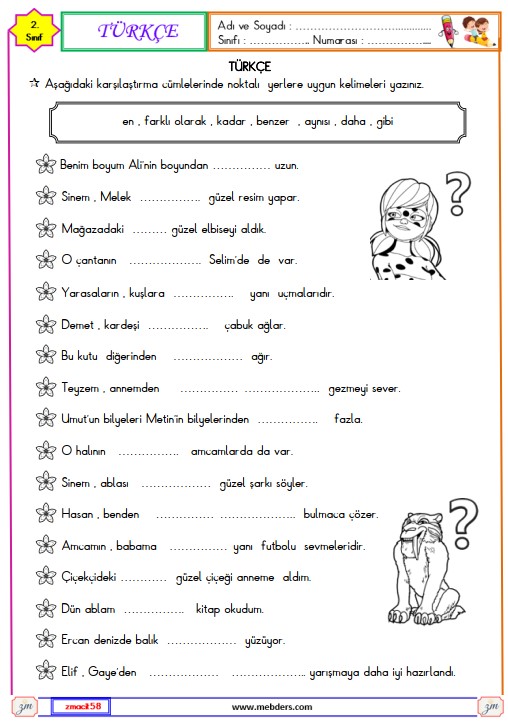 2. Sınıf Türkçe Karşılaştırma Cümleleri Etkinliği