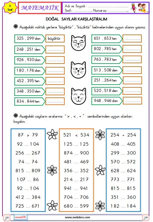 3. Sınıf Matematik Doğal Sayıları Karşılaştırma ve Sıralama Etkinliği 2