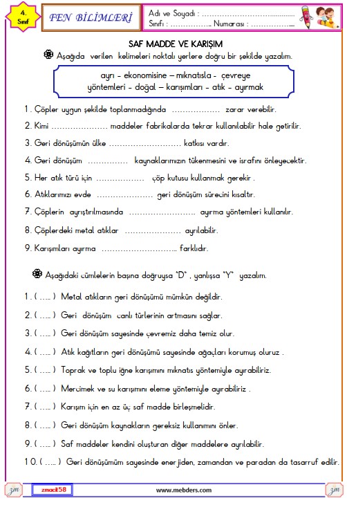 4. Sınıf Fen Bilimleri Saf Madde ve Karışım Etkinliği 8