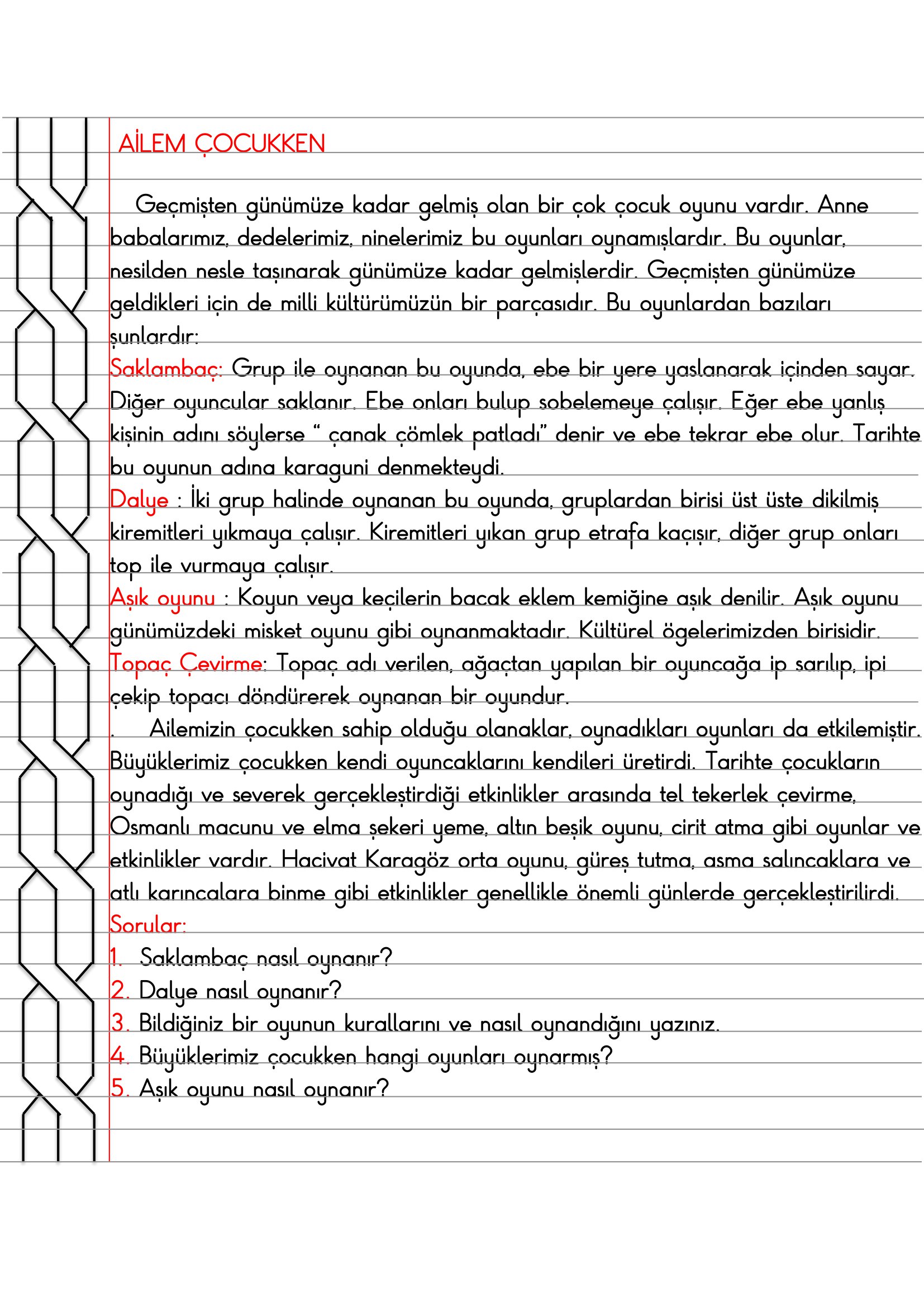 4.Sınıf - Sosyal Bilgiler - Ailem Çocukken Defter Özeti