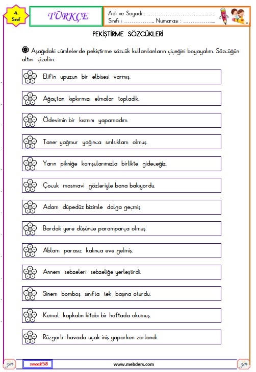 4. Sınıf Türkçe Pekiştirme Sözcükleri Etkinliği 4