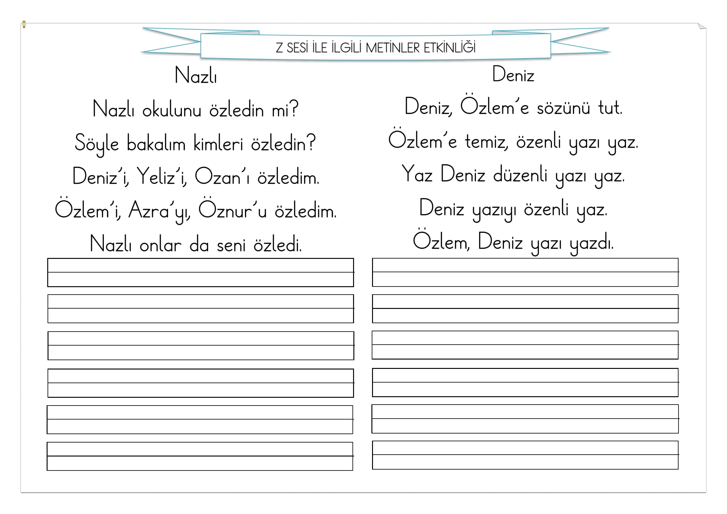 1.Sınıf İlk Okuma Yazma Z Sesi Metinler Etkinliği