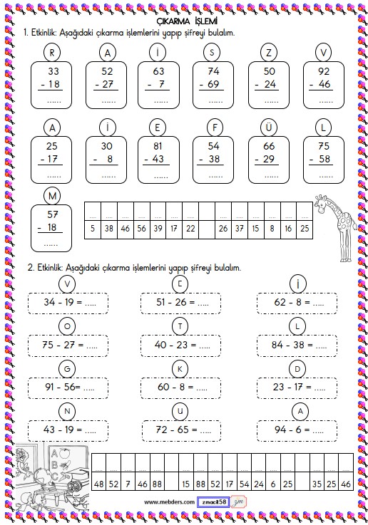 2. Sınıf Matematik Onluk Bozarak Çıkarma İşlemi Etkinliği 1