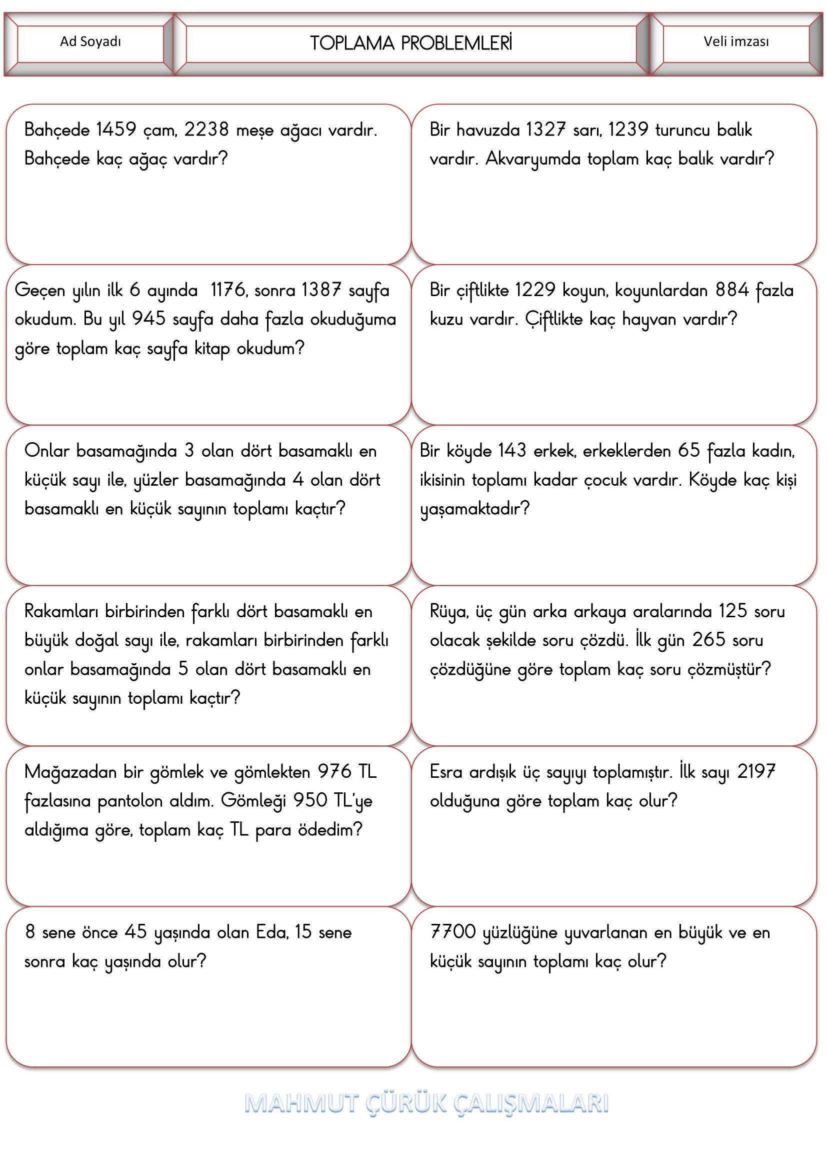 4.Sınıf - Matematik Toplama Problemleri-1