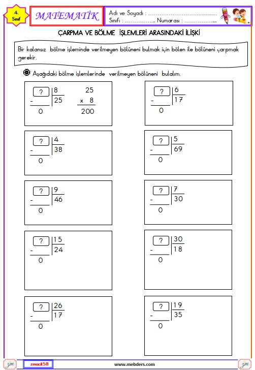 4. Sınıf Matematik Çarpma  ve  Bölme İşlemleri Arasındaki İlişki Etkinliği 1