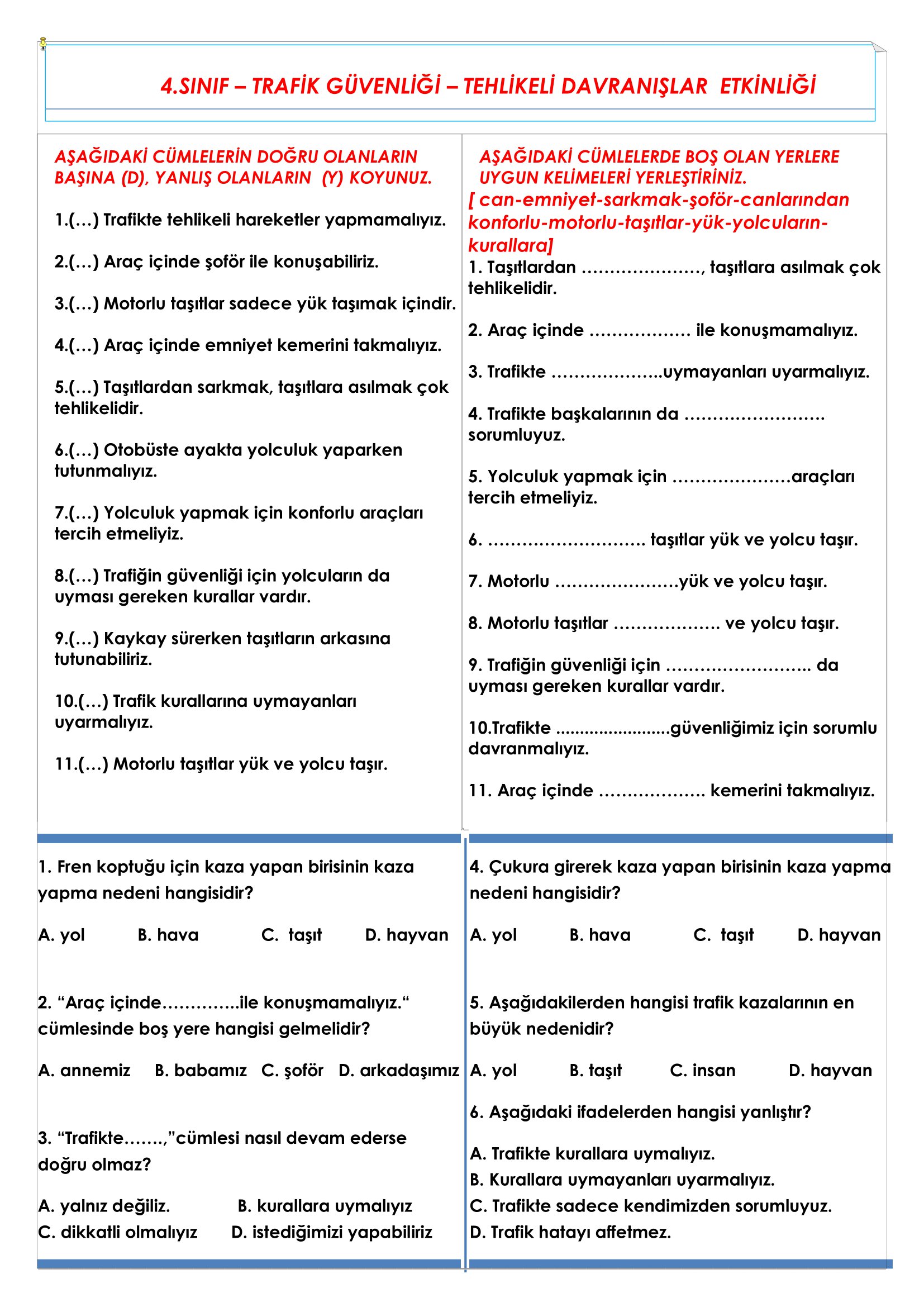 4.Sınıf Trafik Güvenliği Tehlikeli Davranışlar Etkinliği