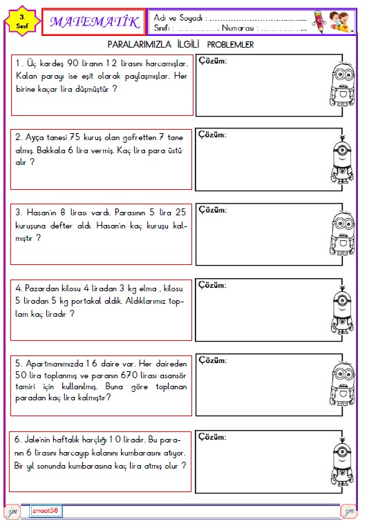 3. Sınıf Matematik Paralarımızla İlgili Problemler Etkinliği 7