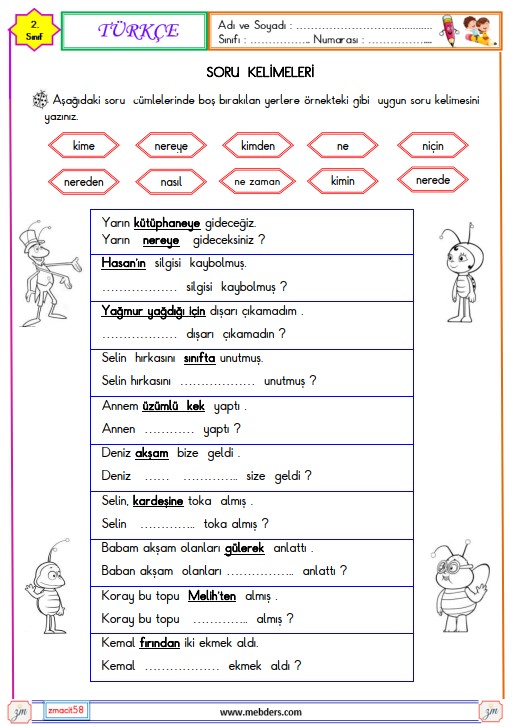 2. Sınıf Türkçe Soru Cümlesi ve Soru Kelimeleri Etkinliği