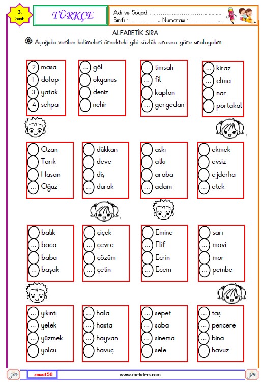 3. Sınıf Türkçe Alfabetik Sıra Etkinliği 2