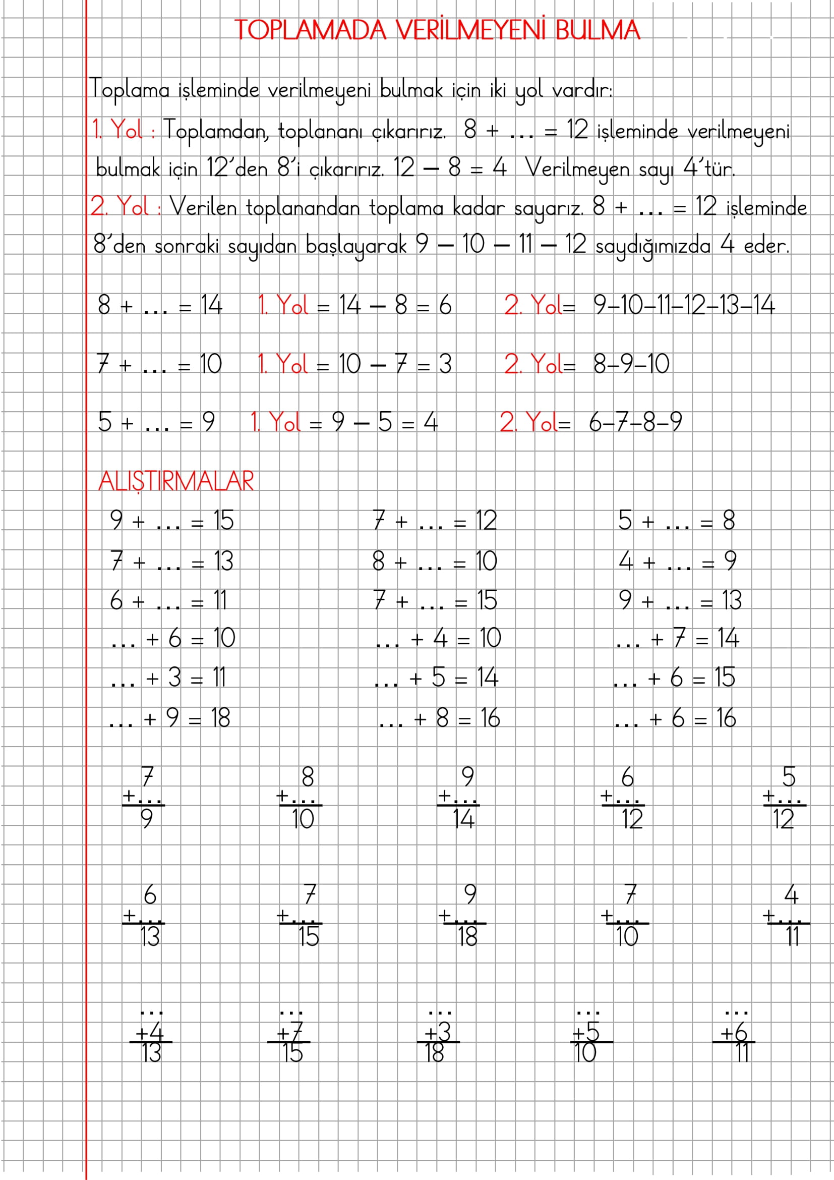 1.Sınıf Matematik Kareli Defterde Toplamada Verilmeyeni Bulma Konu Anlatımı