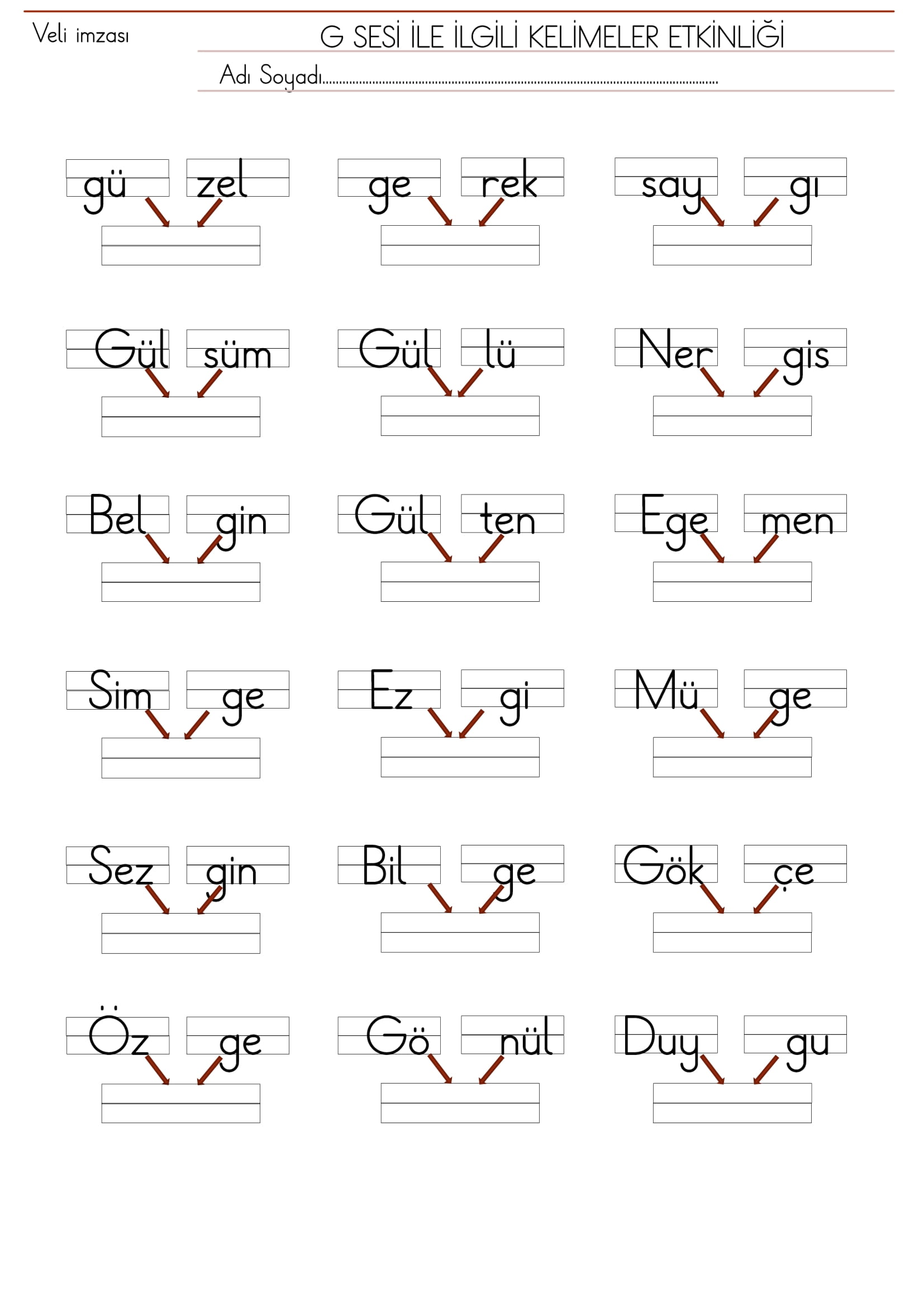 1.Sınıf İlk Okuma Yazma G Sesi Kelimeler Etkinliği