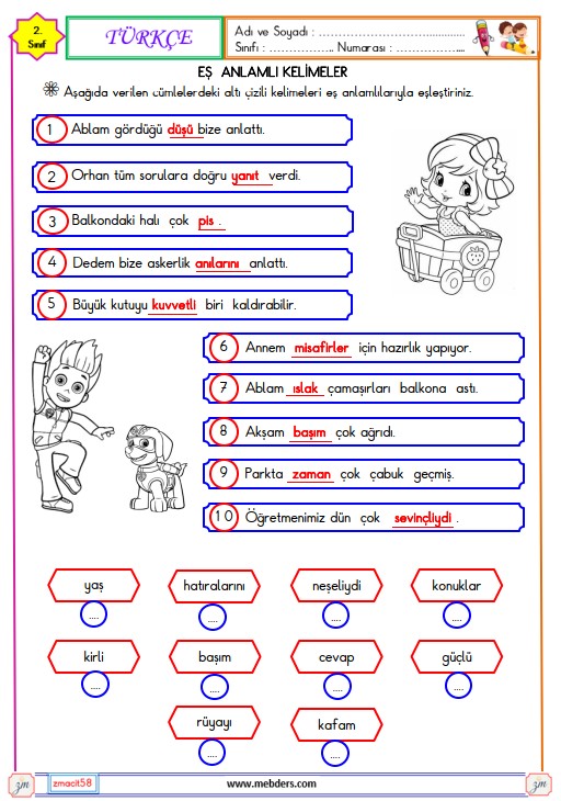 2. Sınıf Türkçe Eş Anlamlı Kelimeler Etkinliği 1