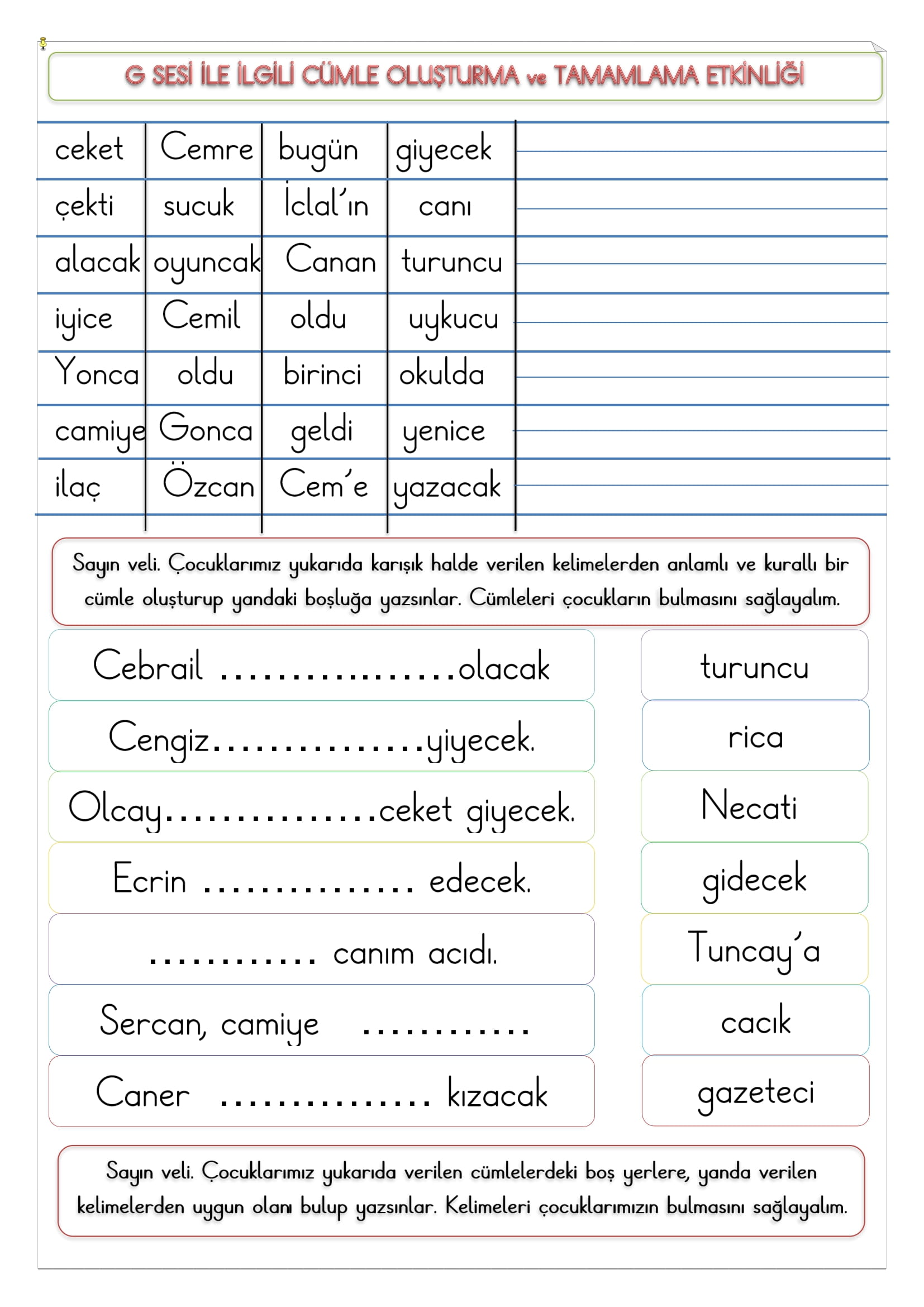 1.Sınıf İlk Okuma Yazma C Sesi Cümle Oluşturma ve Tamamlama Etkinliği