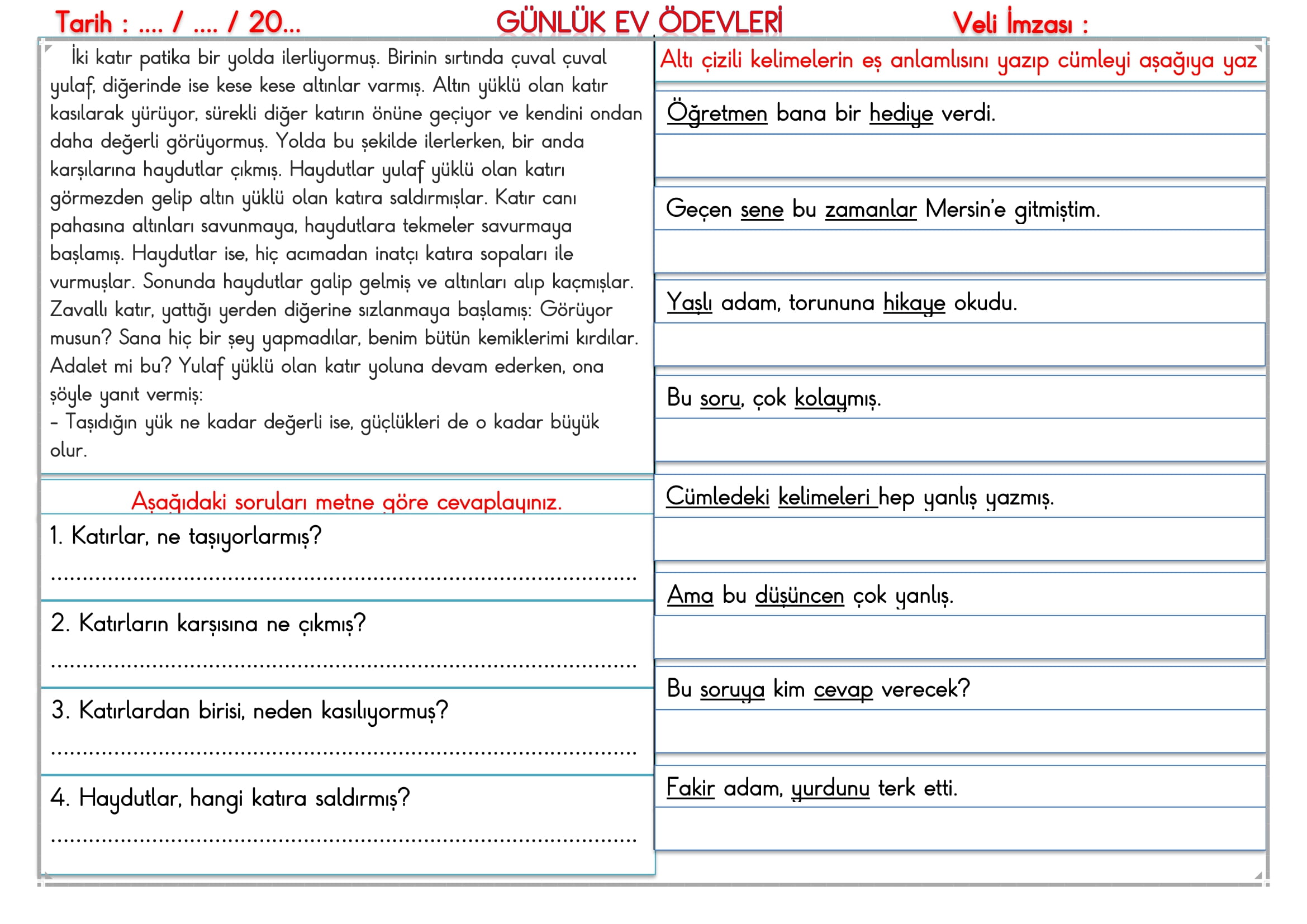 2. Sınıf  07 Ekim 2024 Günlük Ev Ödevleri