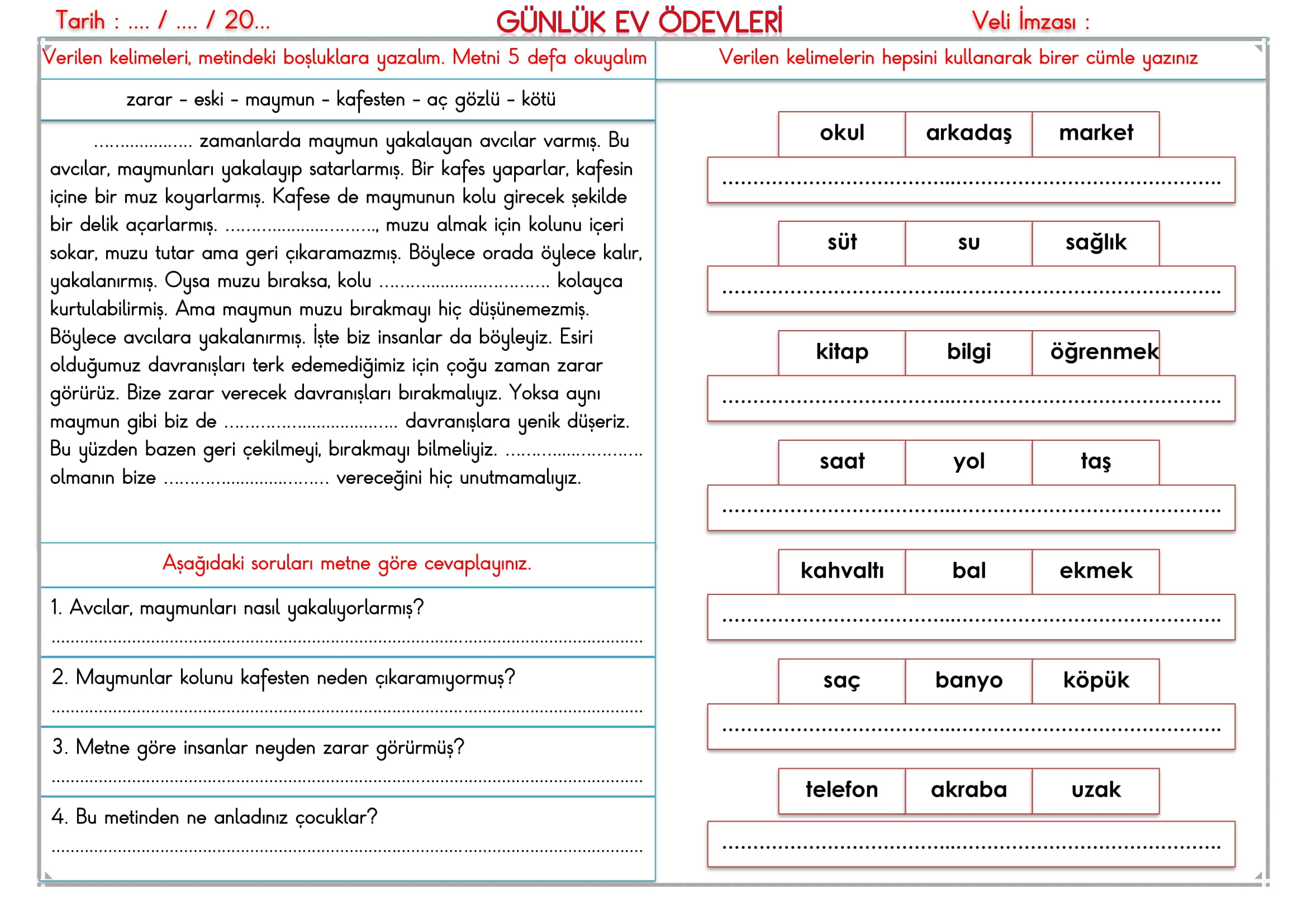 2. Sınıf 24 Ekim 2024 Günlük Ev Ödevleri