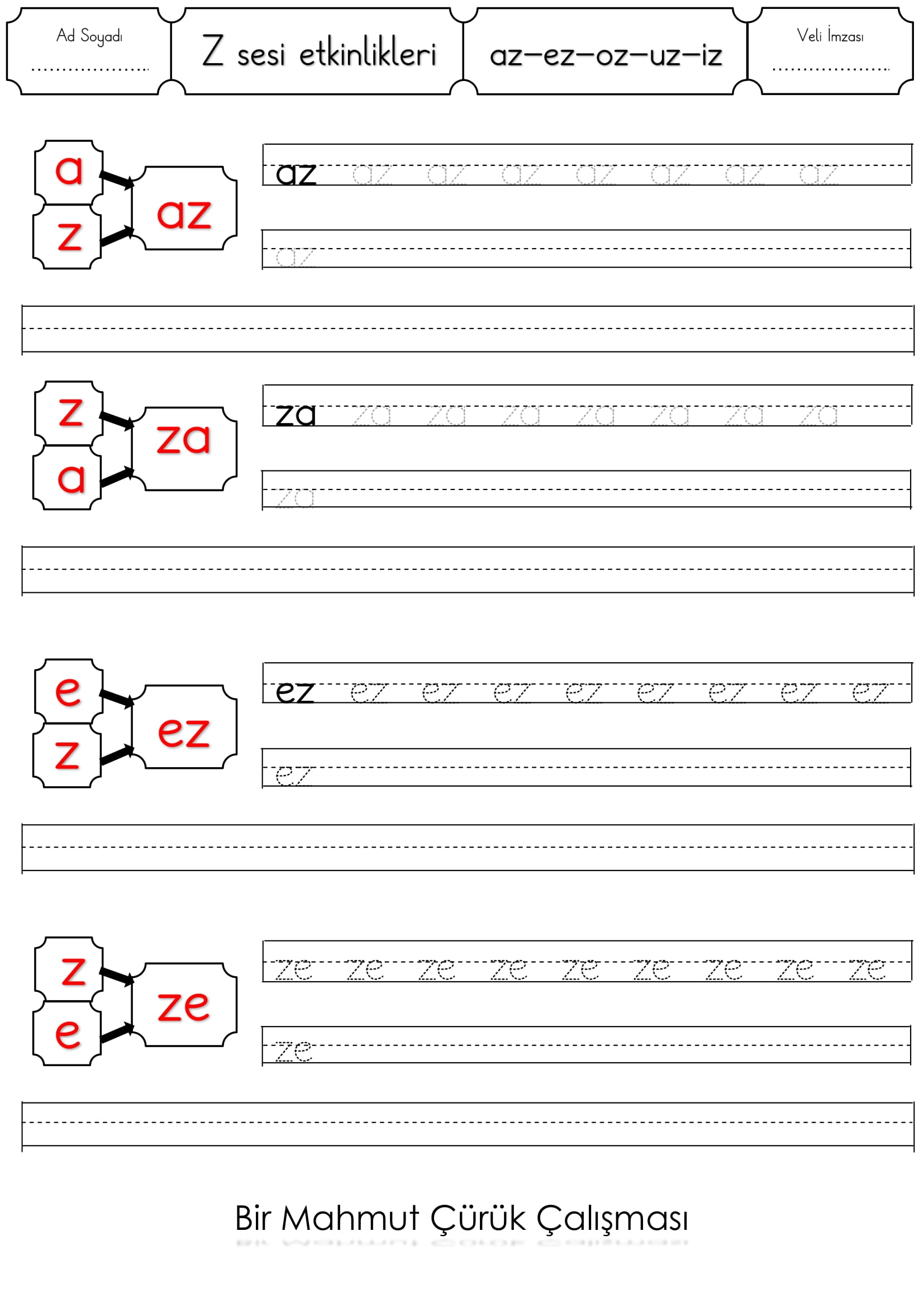 1.Sınıf İlk Okuma Yazma Z Sesi az-ez-iz-uz-ız-üz etkinliği