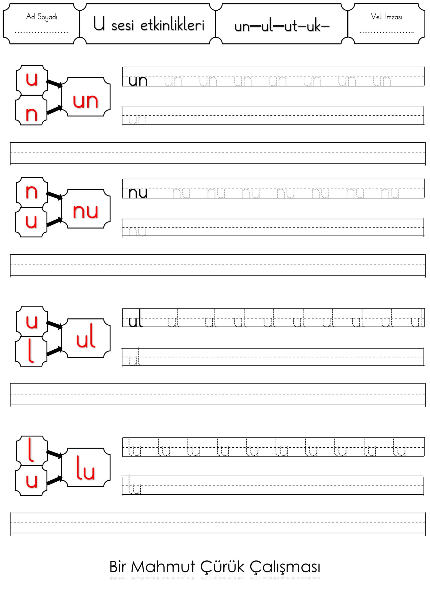1.Sınıf İlk Okuma Yazma U Sesi un - ul - ut - uk etkinliği