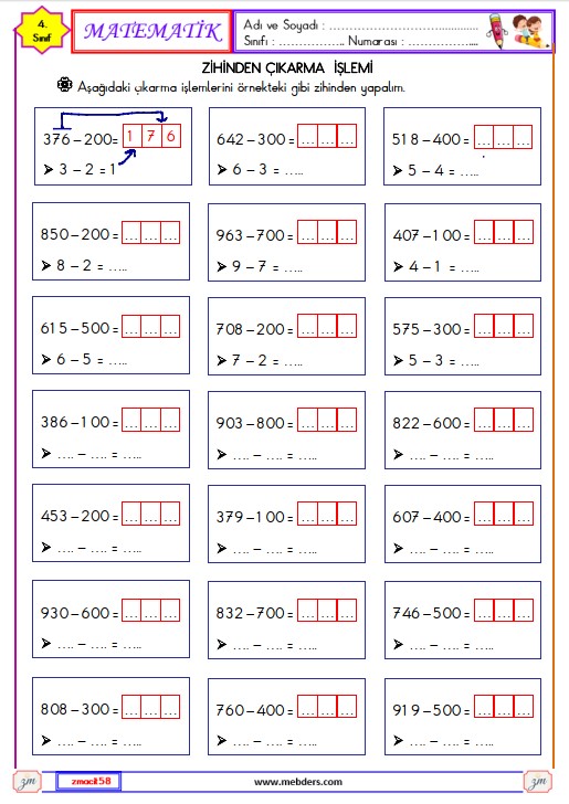 3. Sınıf Matematik Çıkarma İşlemi Etkinliği 3