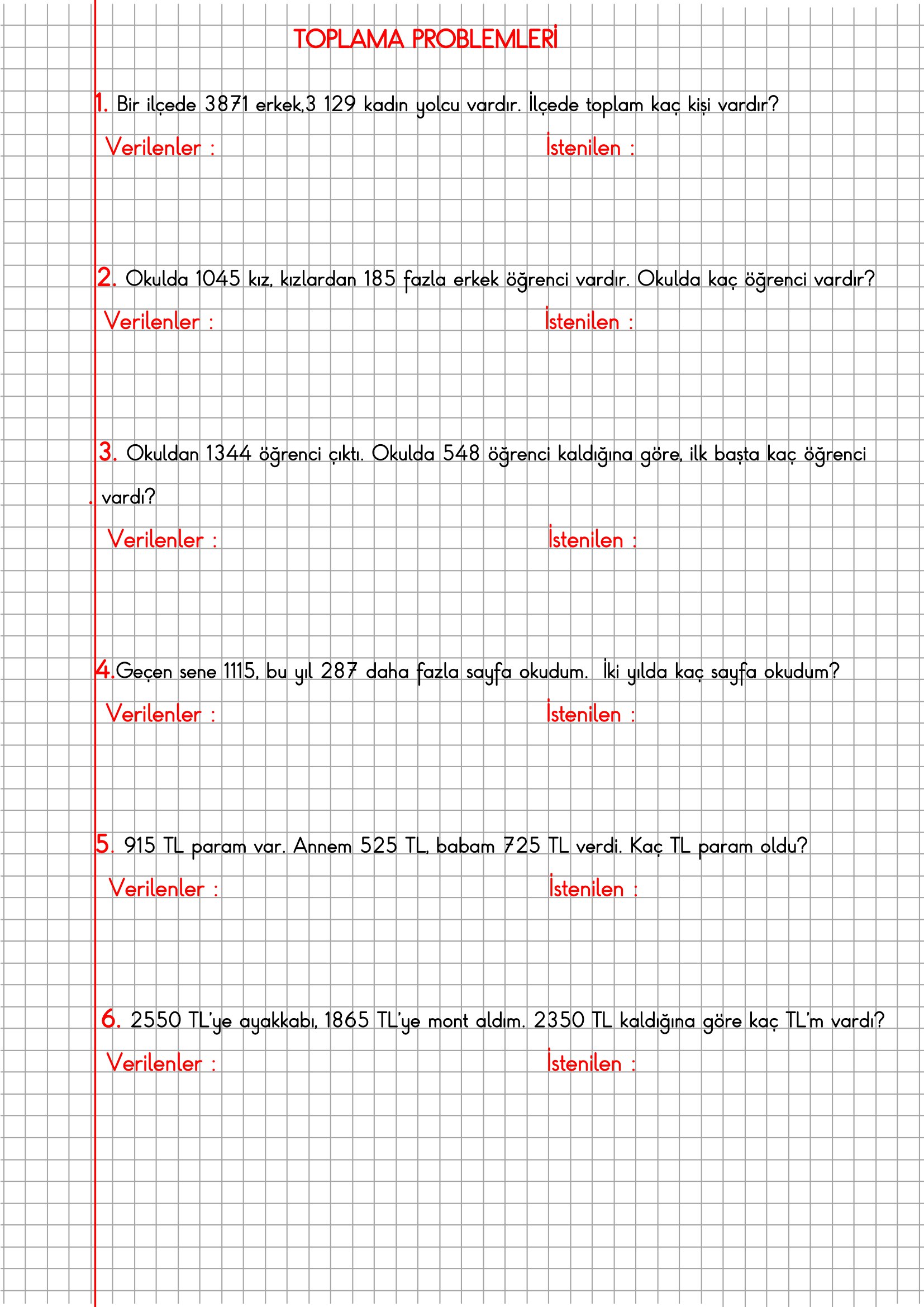 4.Sınıf Matematik Kareli Defterde Toplama Problemleri