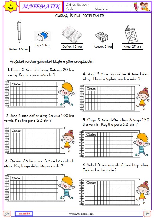 3. Sınıf Matematik Çarpma İşlemi Problemler Etkinliği 3