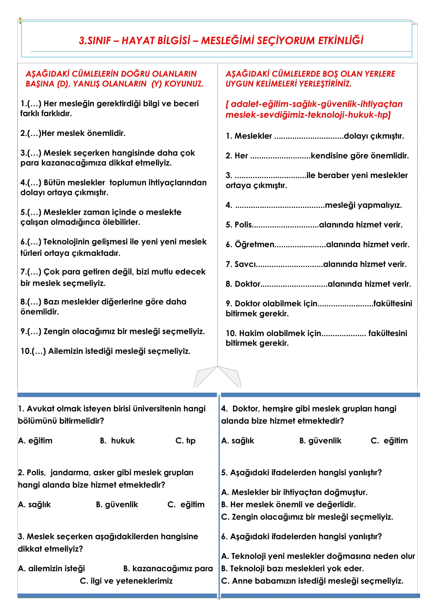 3.Sınıf - Hayat Bilgisi Mesleğimi Seçiyorum Etkinliği