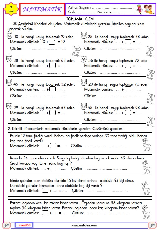 2. Sınıf Matematik Verilmeyen Toplananı Bulma Etkinliği 4