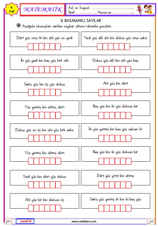 4. Sınıf Matematik Altı Basamaklı Sayılar Etkinliği