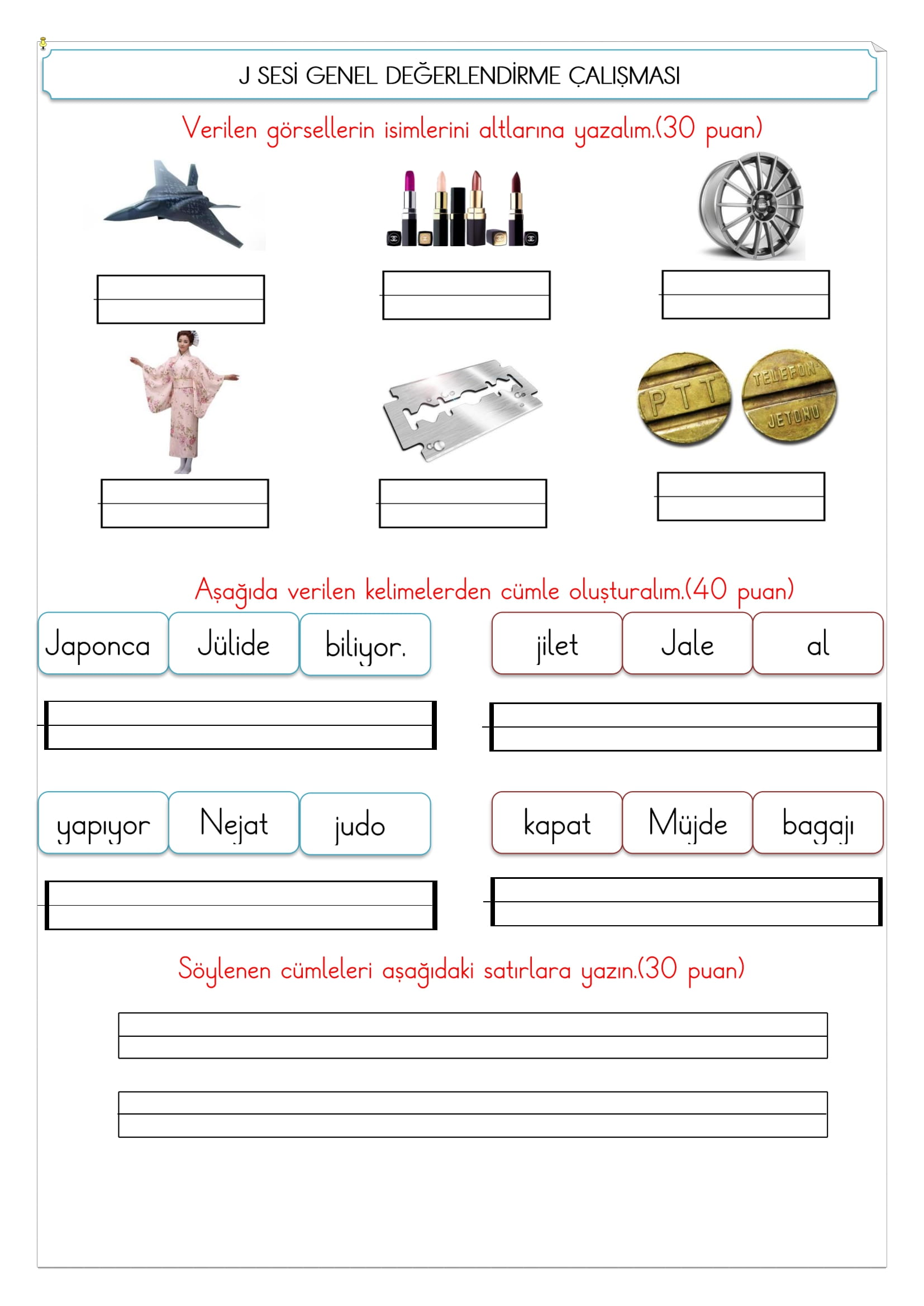 1.Sınıf İlk Okuma Yazma J Sesi Değerlendirme Çalışması 1