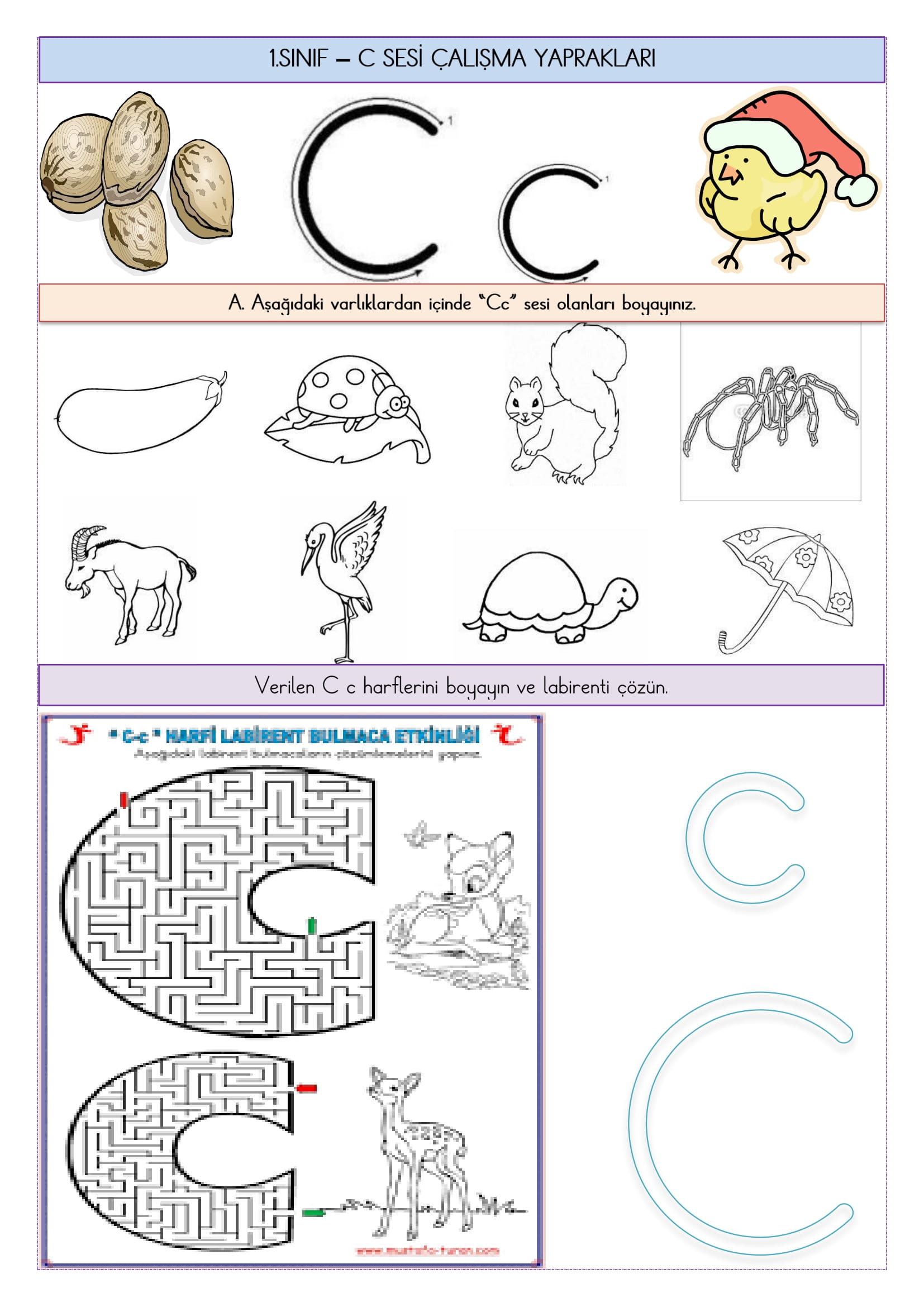 1.Sınıf İlk Okuma Yazma C Sesi Çalışma Yaprakları