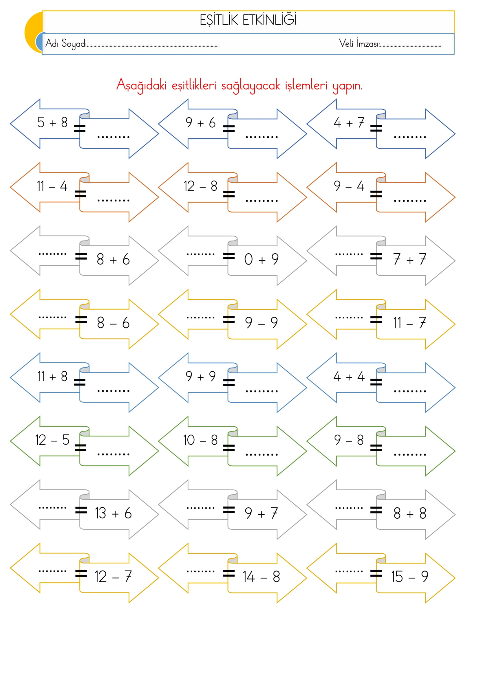 1.Sınıf Matematik Eşitlik Etkinliği-2