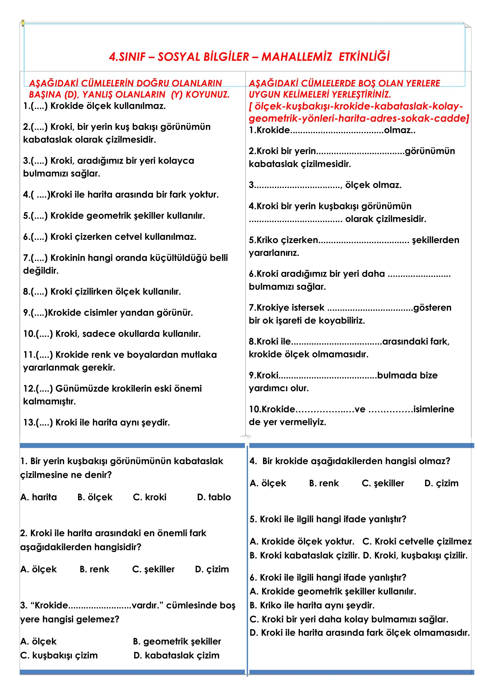 4.Sınıf - Sosyal Bilgiler - Mahallemiz Etkinliği