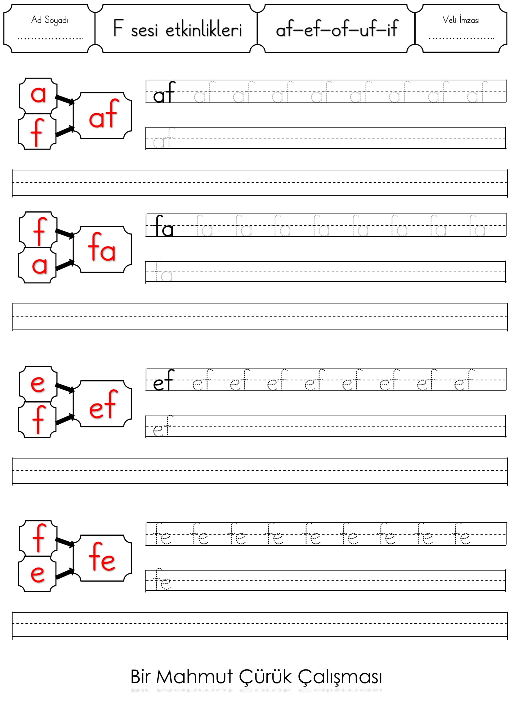1.Sınıf İlk Okuma Yazma F Sesi af-ef-if-uf-ıf Etkinliği