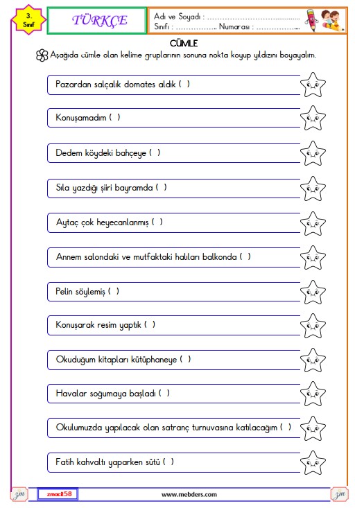 3. Sınıf Türkçe Cümle Etkinliği