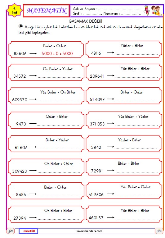 4. Sınıf Matematik Basamak Değeri Etkinliği