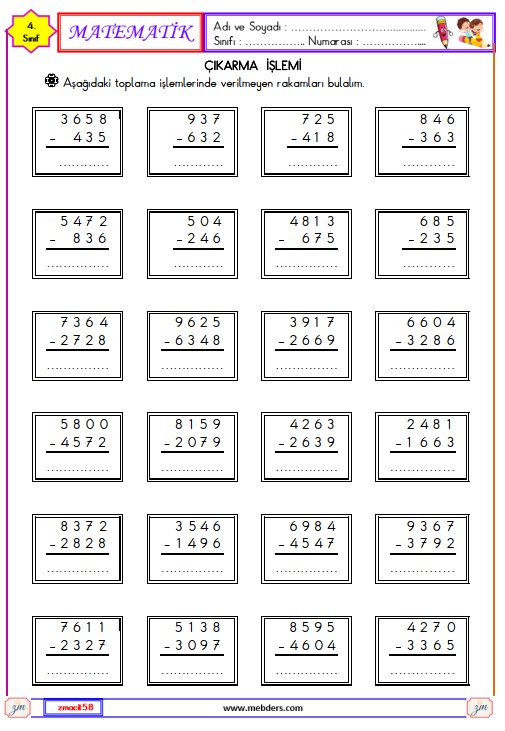 4. Sınıf Matematik Çıkarma İşlemi Etkinliği 1