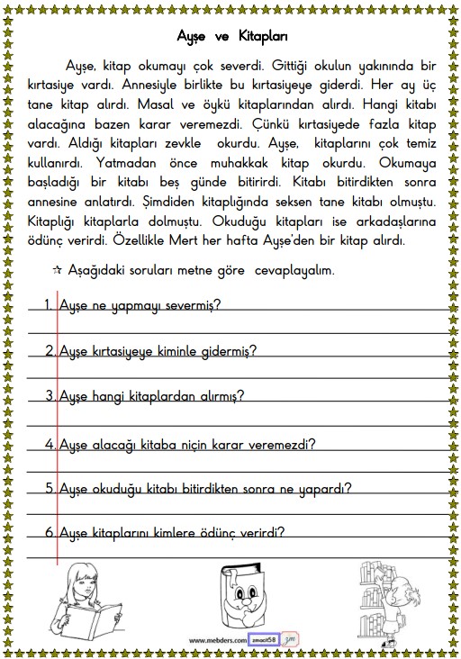 1. Sınıf Türkçe Okuma ve Anlama Etkinliği 13 (Ayşe ve Kitapları)