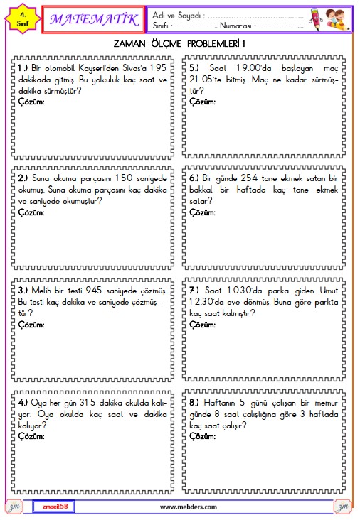 4. Sınıf Matematik Zaman Ölçme Problemleri Etkinliği 8