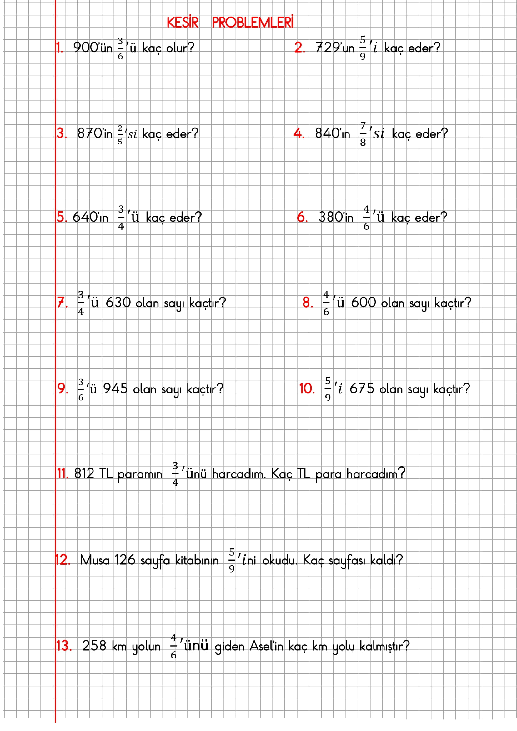 4.Sınıf Matematik Kareli Defterde Kesir Problemleri