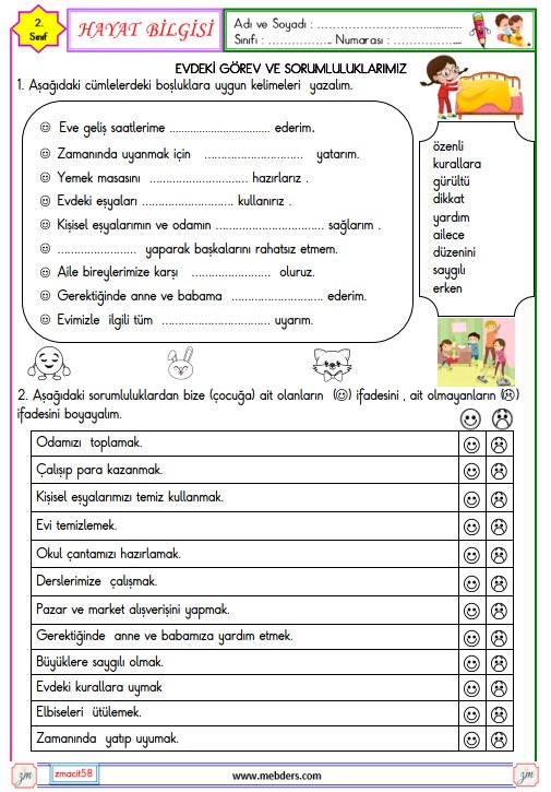 2. Sınıf Hayat Bilgisi Evdeki Görev ve Sorumluluklarımız Etkinliği