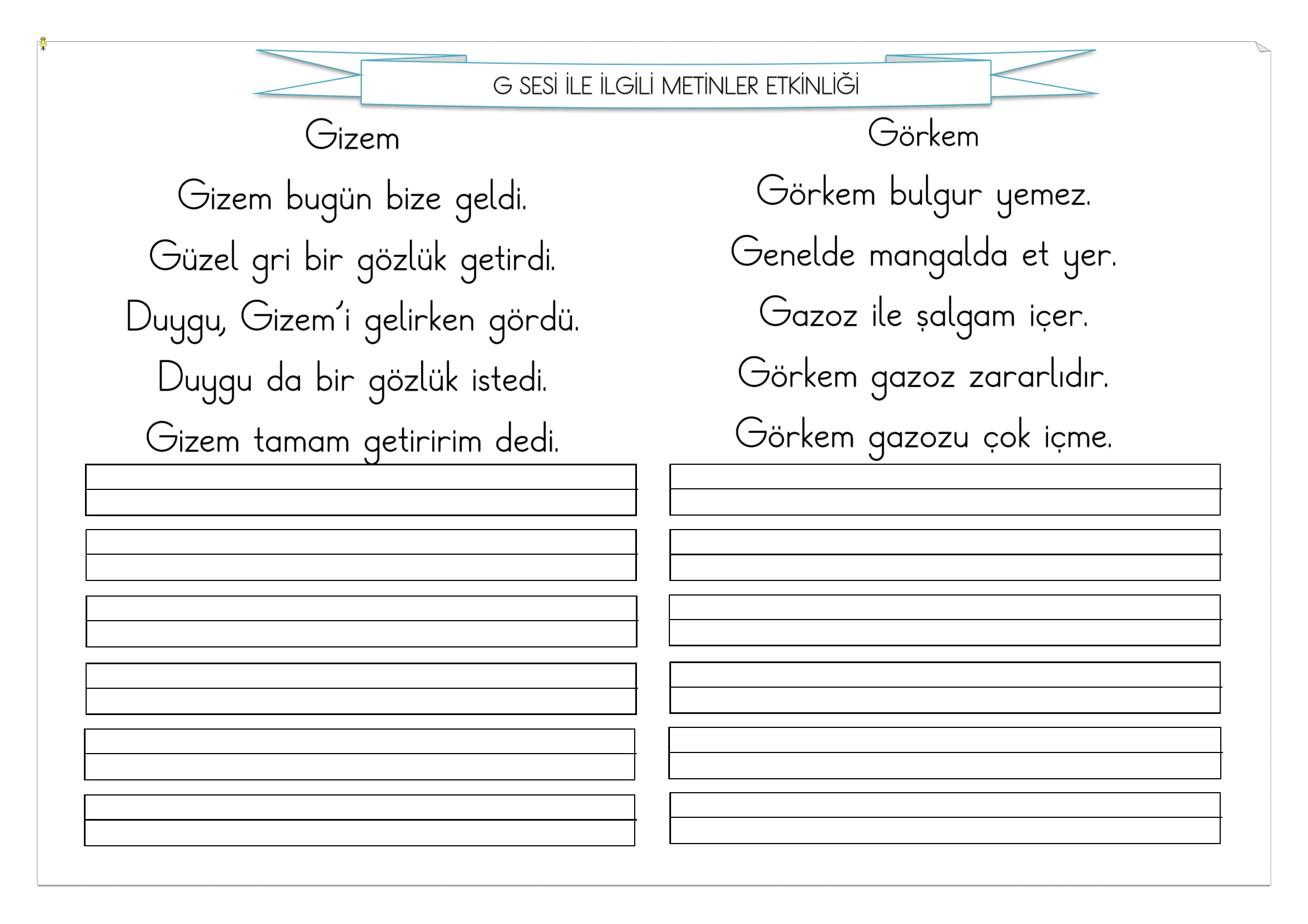 1.Sınıf İlk Okuma Yazma G Sesi Metinler Etkinliği