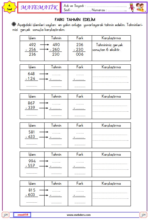 4. Sınıf Matematik Çıkarma İşleminin Sonucunu Tahmin Edelim Etkinliği 1