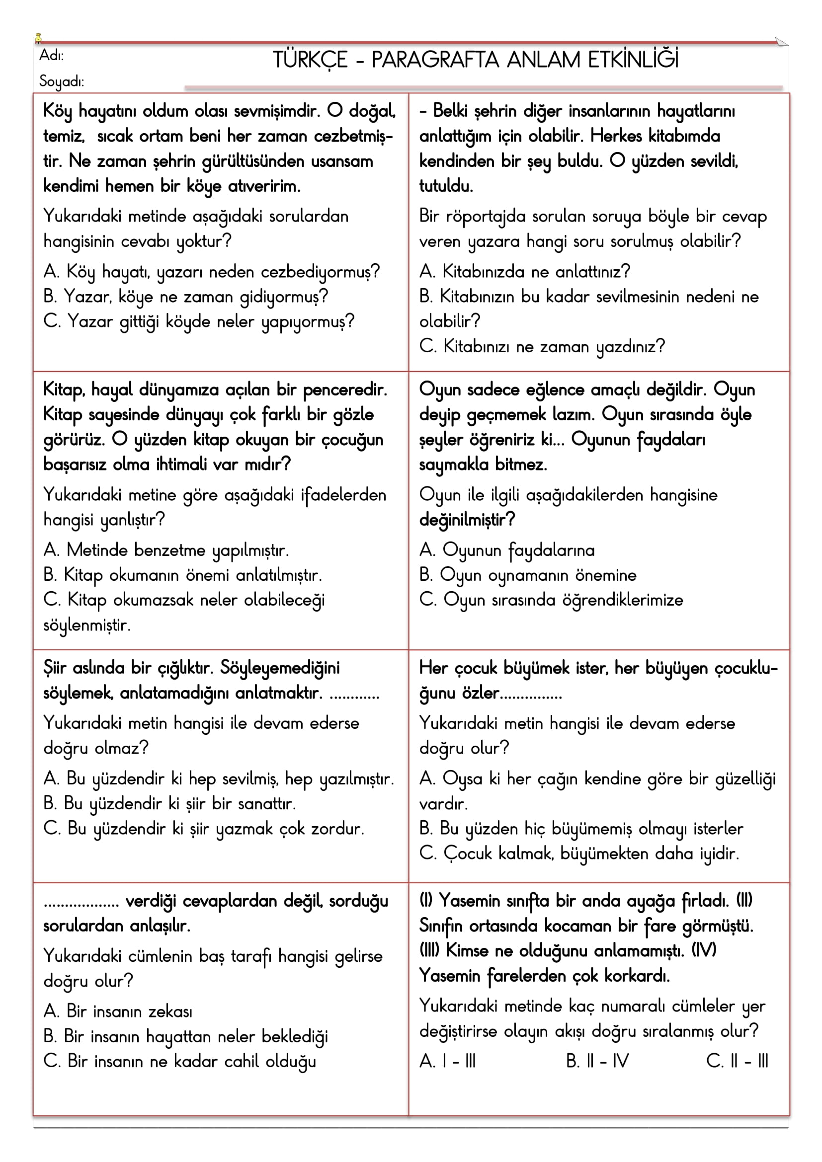 3.Sınıf Türkçe Paragrafta Anlam Etkinliği