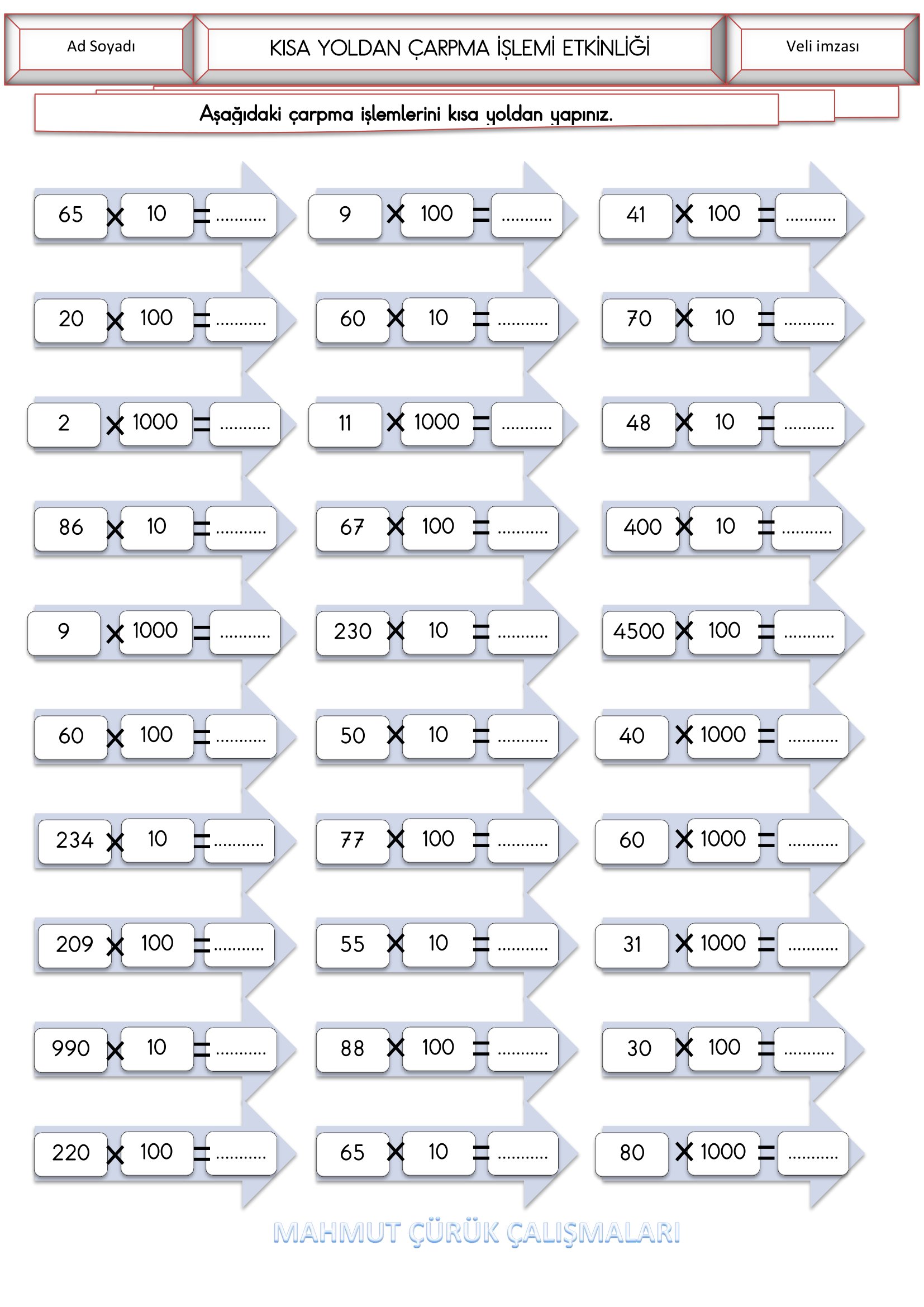 4.Sınıf - Matematik Kısa Yoldan Çarpma İşlemi Etkinliği