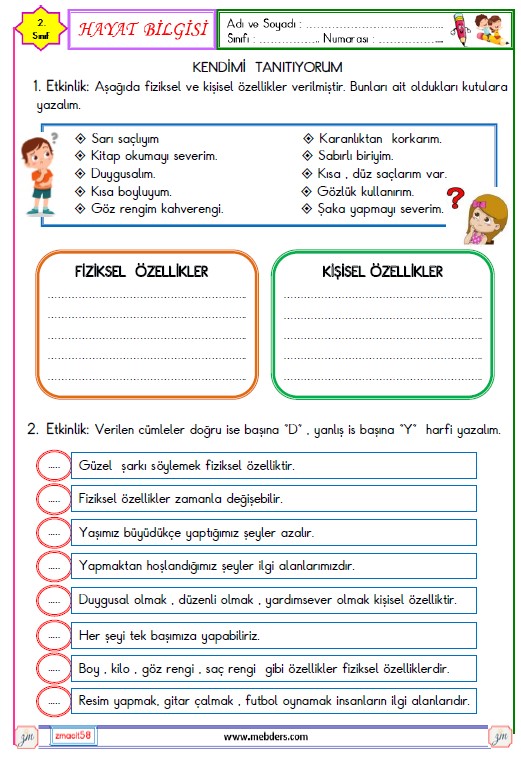 2. Sınıf Hayat Bilgisi Kendimi Tanıyorum Etkinliği