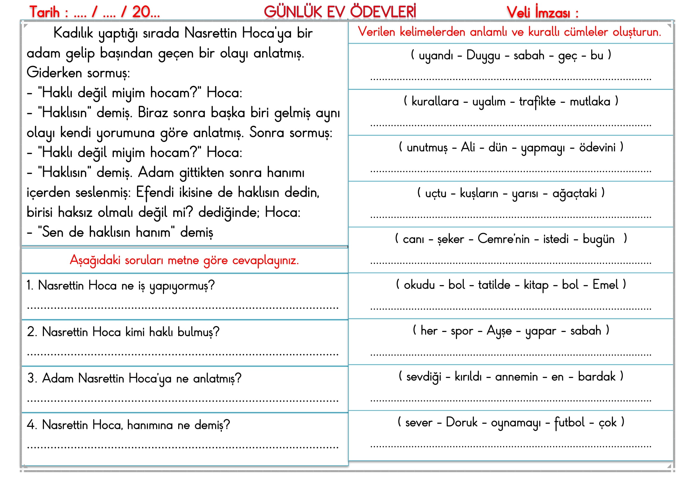 2.Sınıf 11 Eylül 2024 Günlük Ev Ödevleri